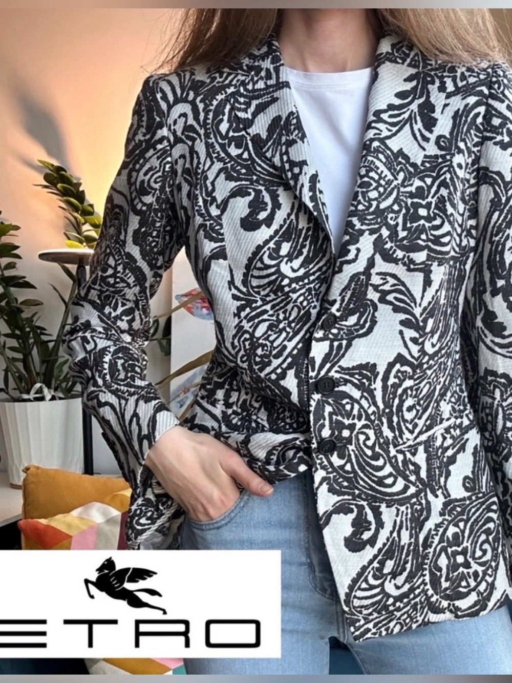 Etro Paisley Black & Ivory Peplum Linen/Silk/Cotton Blend Jacket Blazer SZ 42/6
